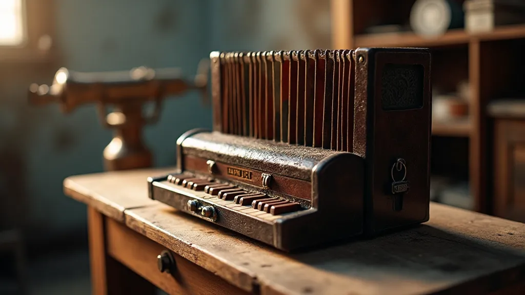 Vintage accordion on a workbench with a telescope in the background