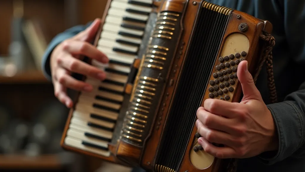 Hands holding an antique accordion