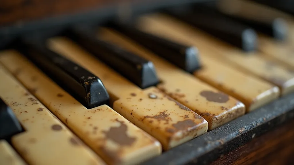 Worn accordion keys highlighting age and craftsmanship.