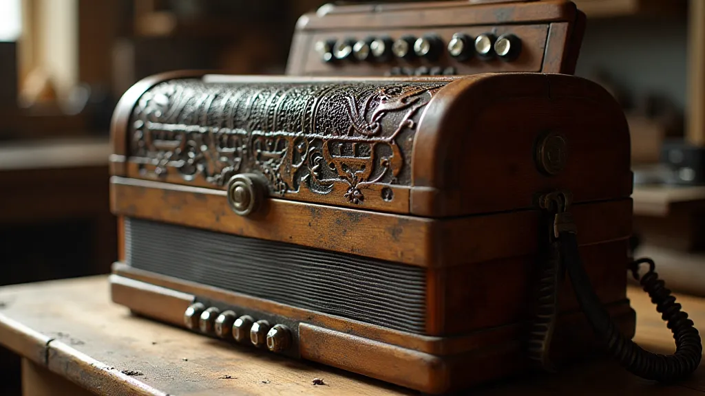 Antique accordion on workbench