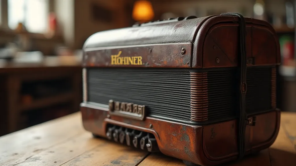 Antique accordion in a workshop